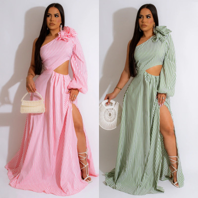 Women single shoulder sleeve slit long skirt女单肩袖开叉长裙