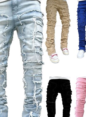 Men's stretch tassel patch jeans男士弹力流苏贴布牛仔直筒裤