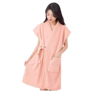 洁丽雅夏季珊瑚绒浴裙女菠萝格条纹吸水浴袍家用睡裙居家2025新款