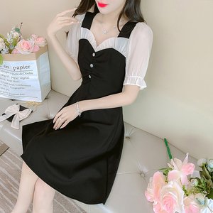 RM14455#气质职业装通勤显瘦小个子温柔风方领收腰初恋系别致连衣裙女夏季