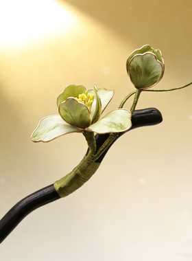 【一抹新绿】木质簪子掐丝绒花发簪非遗手工绒花发钗盘发钗子