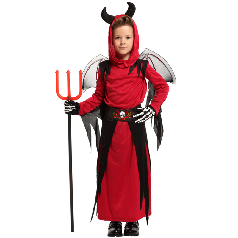 万圣节儿童服装恐怖骷髅鬼衣演出服男幼儿面具舞会红恶魔表演服