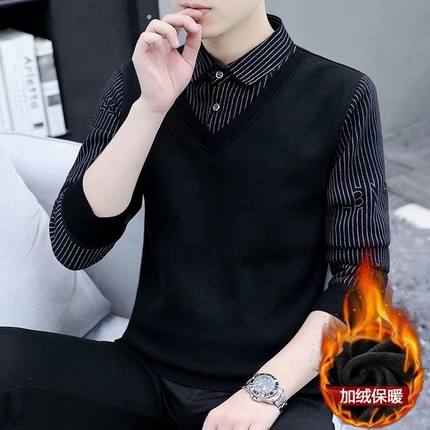 新款假两件长袖卫衣加绒加厚针织衫毛衣男衬衫领中老年套头打底衫