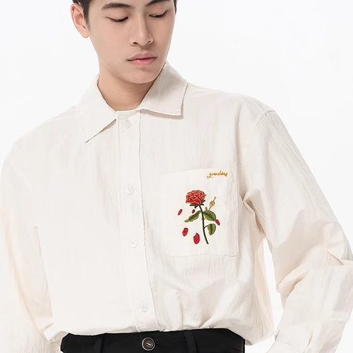 ZOOMLENS原创韩版手绘刺绣玫瑰花朵肌理感长袖宽松男女同款衬衫