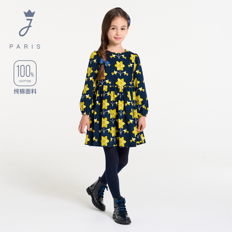 Jacadi亚卡迪女童纯棉灯芯绒长袖连衣裙法式印花公主裙子2043406