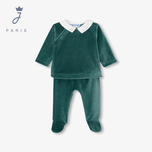 Jacadi亚卡迪法国男婴棉质天鹅绒套装冬新款上衣裤子2件装2044335