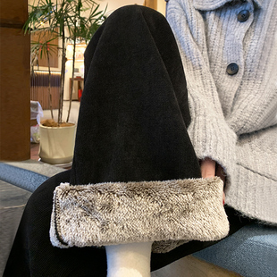 黑色加绒阔腿裤 女秋冬高腰垂感直筒雪尼尔羊羔绒北方加厚保暖棉裤