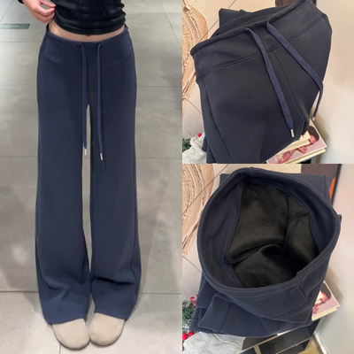 藏青色运动裤女秋冬季2025新款高腰宽松直筒小个子显瘦加绒阔腿裤