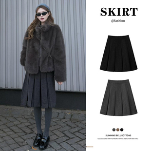 灰色毛呢半身裙女秋冬2026新款高腰显瘦a字百褶裙小个子五分中裙