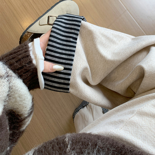 杏色翻边毛呢阔腿裤女秋冬季2025新款高腰宽松显瘦小个子休闲裤子