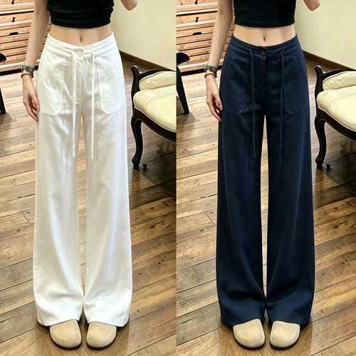白色低腰抽绳阔腿裤女夏宽松慵懒