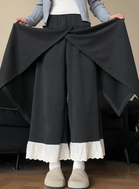 深灰色假两件裙裤女秋冬2025新款小个子高腰显瘦蕾丝边休闲阔腿裤