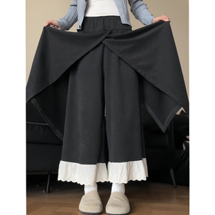 小个子高腰显瘦蕾丝边休闲阔腿裤 深灰色假两件裙裤 女秋冬2025新款