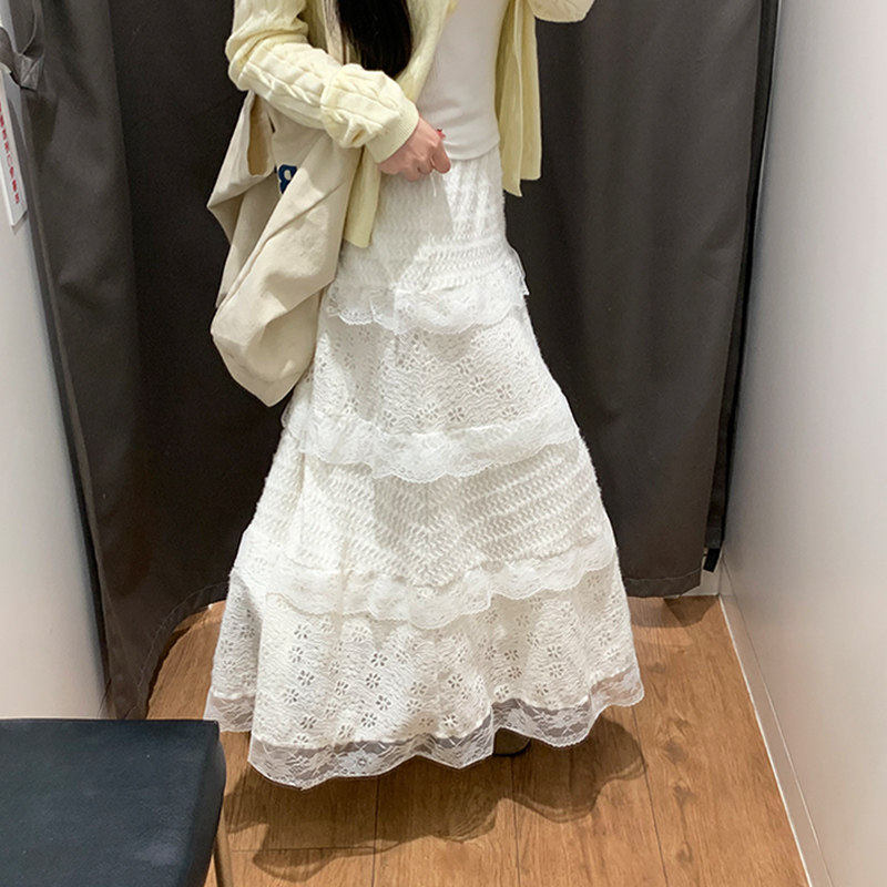 白色蛋糕裙女半身裙春秋2026年新款高腰a字芭蕾风蕾丝蓬蓬长裙子