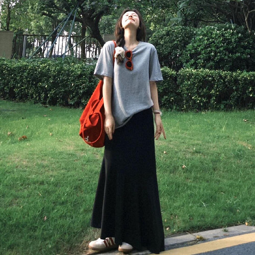 黑色高腰显瘦小个子鱼尾半身裙