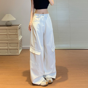 美式复古白色工装裤女夏季薄款高腰显瘦休闲小个子直筒弯刀阔腿裤