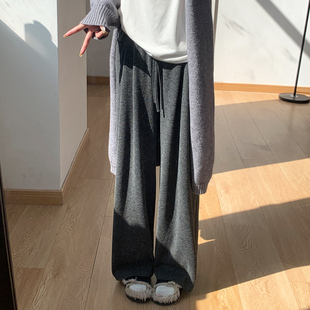 高腰休闲小个子羊绒加绒直筒阔腿卫裤 2025新款 女秋冬季 灰色糯米裤
