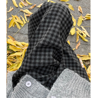 灰色加绒格子裤女2025冬季新款高腰休闲日系小个子毛呢直筒阔腿裤