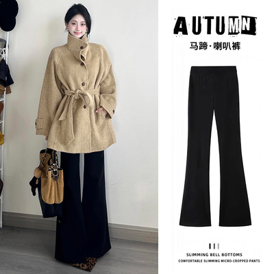 黑色高腰加绒垂感西装微喇叭裤