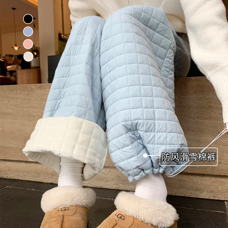 蓝色格子保暖棉裤女秋冬季
