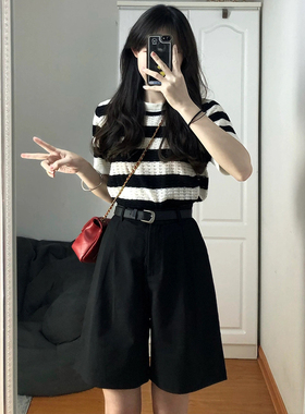 黑色西装短裤女夏季薄款宽松阔腿高腰垂感a字显瘦休闲中裤五分裤