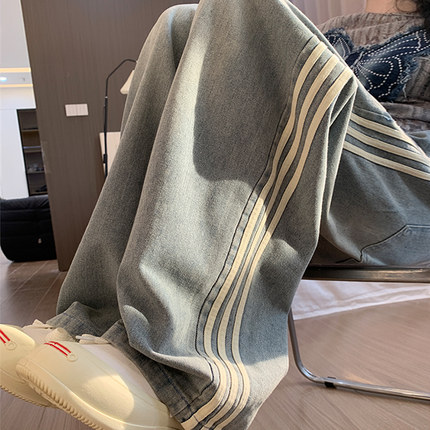 美式牛仔裤女2025新款春秋夏高腰宽松直筒休闲运动三杠复古阔腿裤