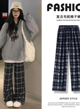 蓝色格子直筒阔腿裤秋冬加绒2025新款高腰慵懒宽松休闲春秋拖地裤