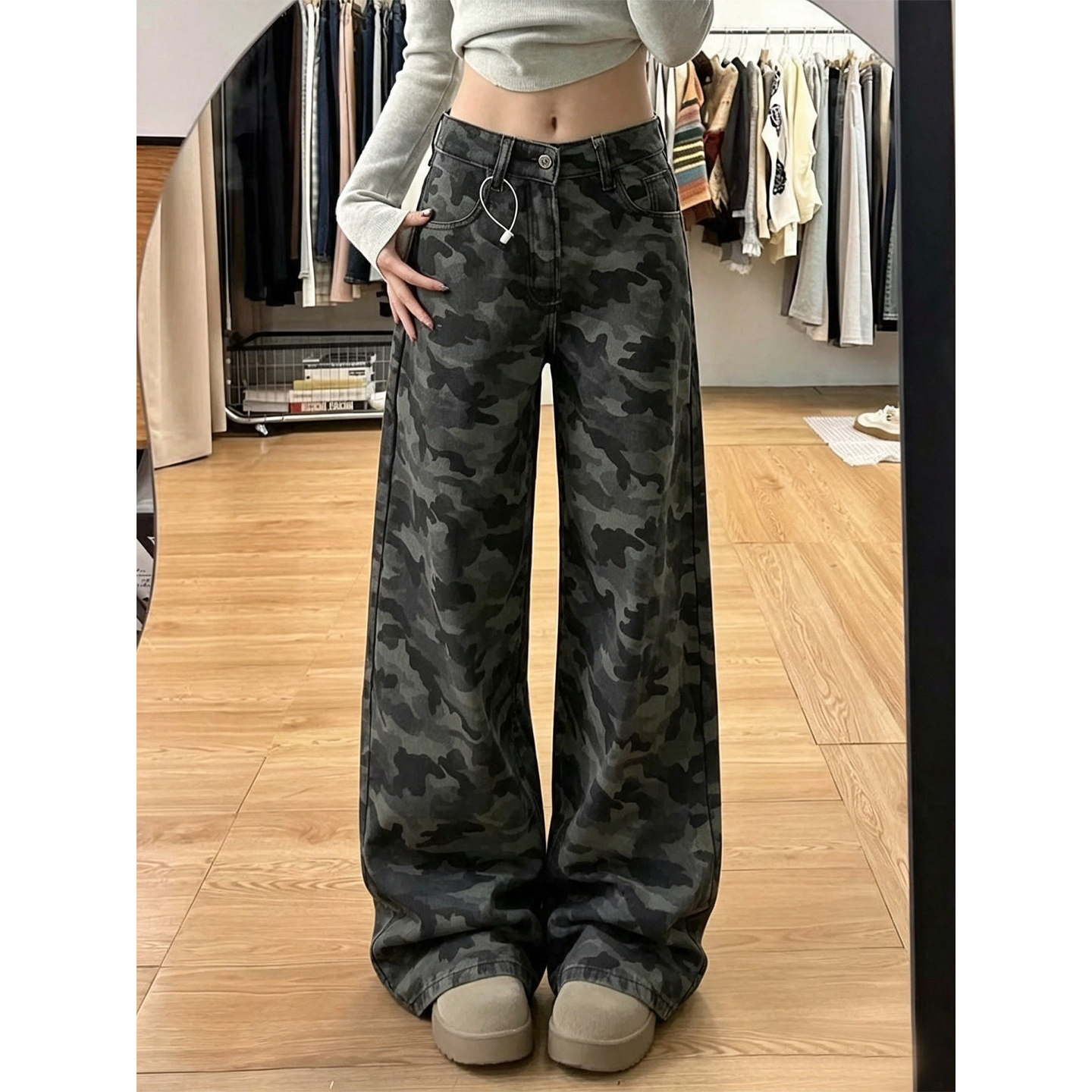 夏季迷彩高腰显瘦阔腿牛仔裤女图片