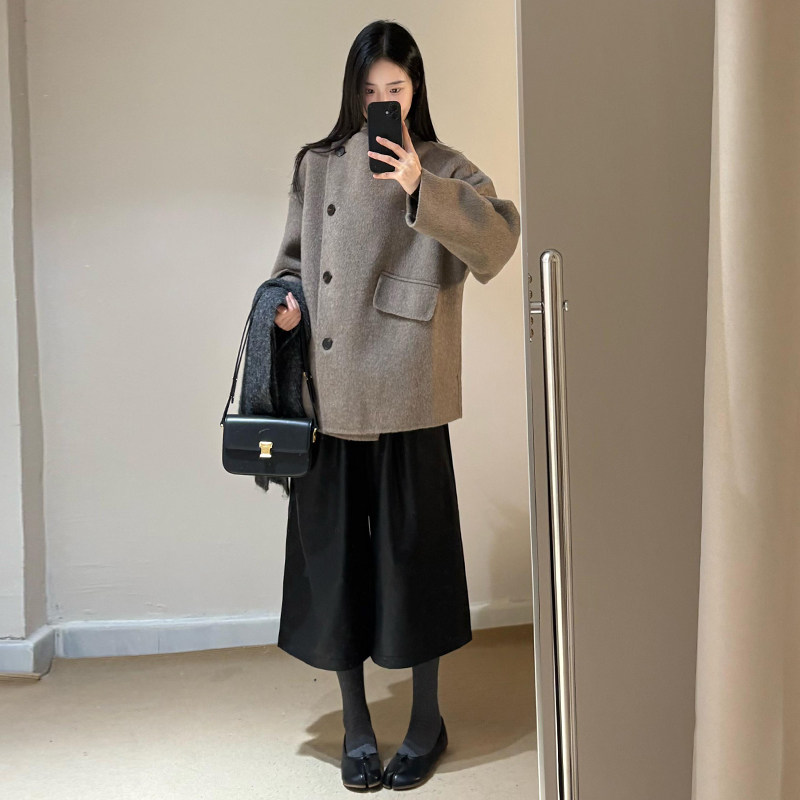 黑色毛呢八分阔腿裤女秋冬