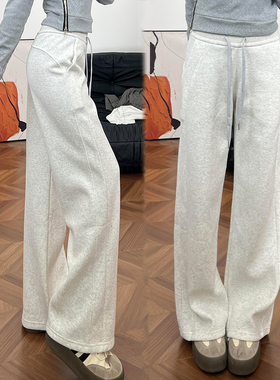 白灰色lulu同款运动裤女春秋2026年新款休闲宽松直筒窄版阔腿卫裤