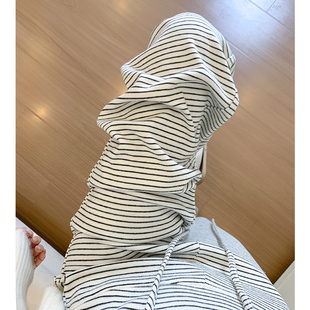 米白色条纹加绒阔腿裤女秋冬季2025新款小个子高腰显瘦休闲运动裤