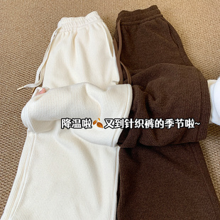 高腰加绒宽松休闲直筒裤 2025新款 女秋冬季 米白色慵懒风针织阔腿裤