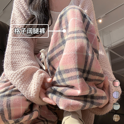 格子裤子女春秋冬加绒毛呢阔腿裤