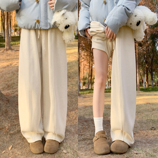 高腰显瘦小个子休闲弯刀裤 2025新款 女秋冬季 米白色加绒糯米阔腿裤