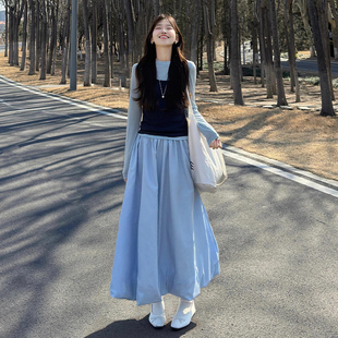 蓝色花苞半身裙女夏季2025新款高腰a字显瘦小个子垂感云朵蓬蓬裙