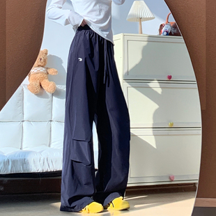 藏青色刺绣工装裤女春秋2026新款高腰显瘦休闲裤小个子宽松阔腿裤