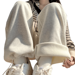 加绒运动裤女宽松束脚秋冬2025新款直筒阔腿美式休闲灰色春秋卫裤