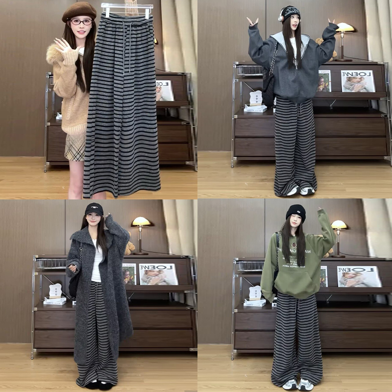 灰黑色条纹针织阔腿裤女秋冬2025