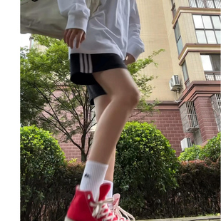 休闲阔腿五分裤 黑色三杠运动短裤 小个子高腰A字裤 2026新款 女夏季