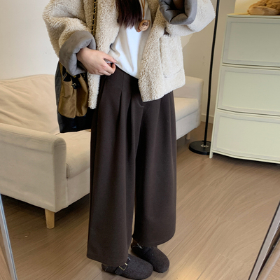 咖色毛呢八分阔腿裤女秋冬加绒