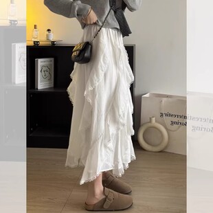 白色不规则半身裙女春秋夏2026新款高腰显瘦a字花边蕾丝仙女纱裙