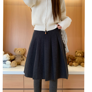 灰色中长款 百褶裙女秋冬高腰小个子学院风a字半身裙百搭显瘦短裙
