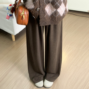 高腰直筒小个子羊绒休闲裤 2025新款 女春秋季 咖色棉羊毛山本阔腿裤