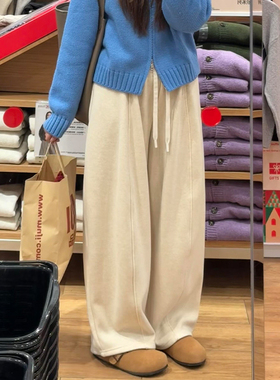 白色弯刀运动裤女春秋冬2025新款加绒加厚宽松直筒休闲糯米阔腿裤