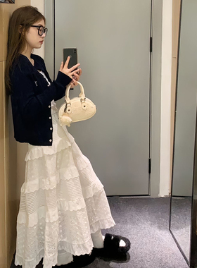 白色半身裙女夏季2025年新款a字中长款小个子春秋蕾丝蓬蓬蛋糕裙