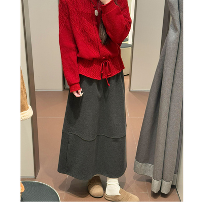 深灰毛呢高腰A字显瘦半身裙