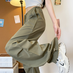 薄款 裤 运动裤 绿色工装 速干美式 2025新款 女夏季 高腰直筒休闲阔腿裤