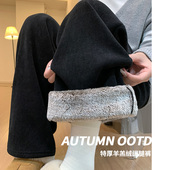 加绒黑色阔腿裤 女秋冬高腰垂感直筒雪尼尔羊羔绒东北加厚保暖棉裤