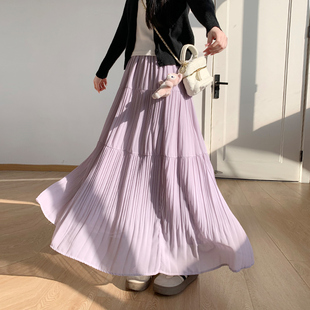 韩系紫色雪纺半身裙女2026春秋新款高腰a字蛋糕裙飘飘大摆中长裙