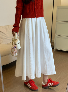 白色百褶裙女春秋2026新款韩版中长款伞裙子高腰小个子显瘦半身裙
